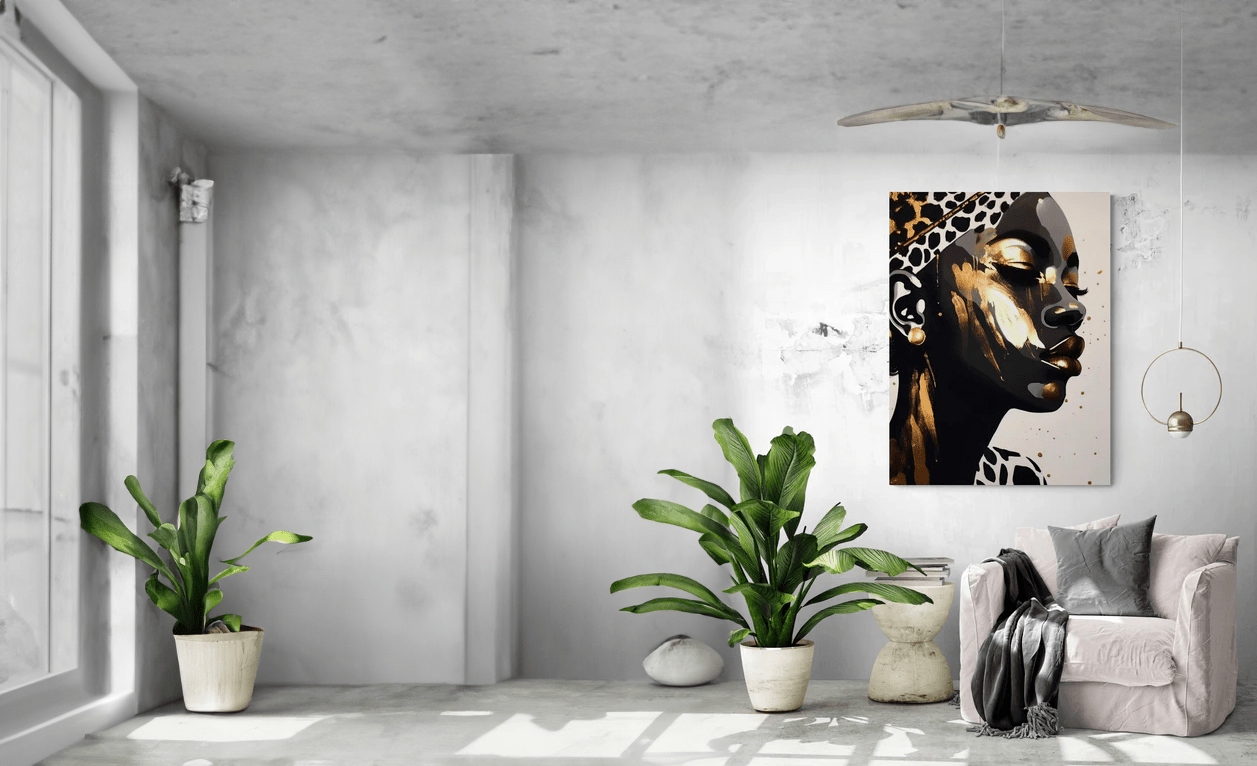 Salon moderne avec une œuvre d'art murale et des plantes vertes apportant une atmosphère apaisante