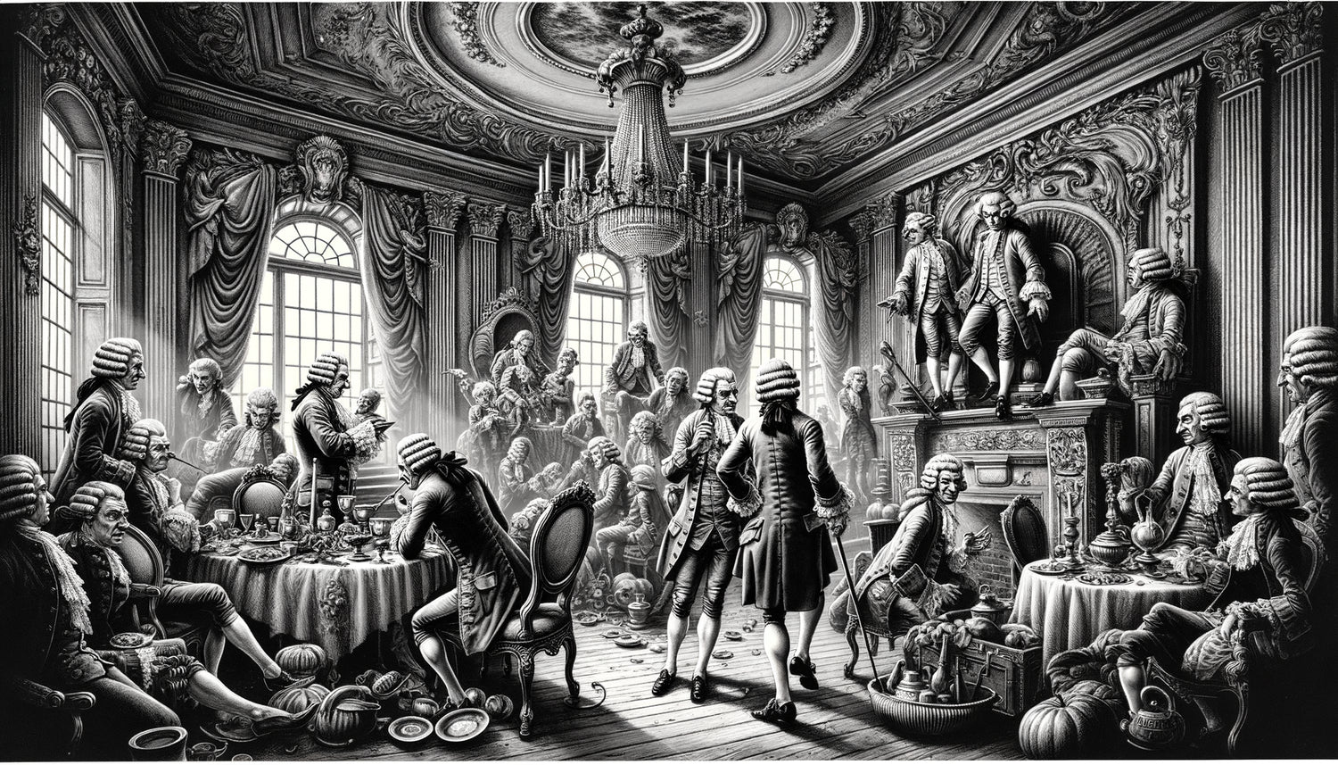 Gravure satirique style William Hogarth XVIIIe siècle, scène moralisatrice anglaise en noir et blanc avec technique de hachures