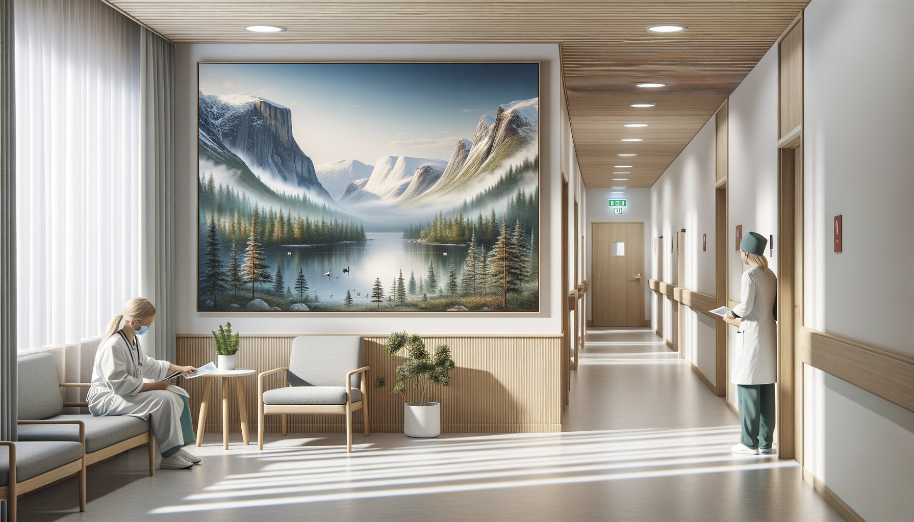 Couloir d'hôpital scandinave moderne avec œuvre d'artiste local représentant un paysage nordique authentique de fjords et forêts