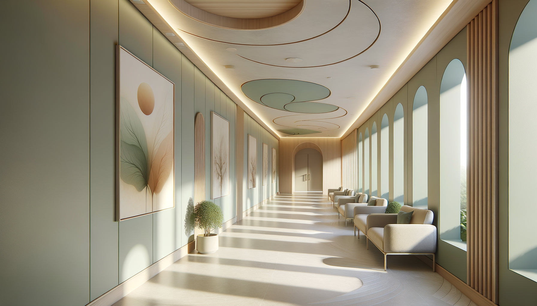 Couloir d'hôpital psychiatrique moderne aux murs épurés sans représentations humaines, design thérapeutique minimaliste et apaisant
