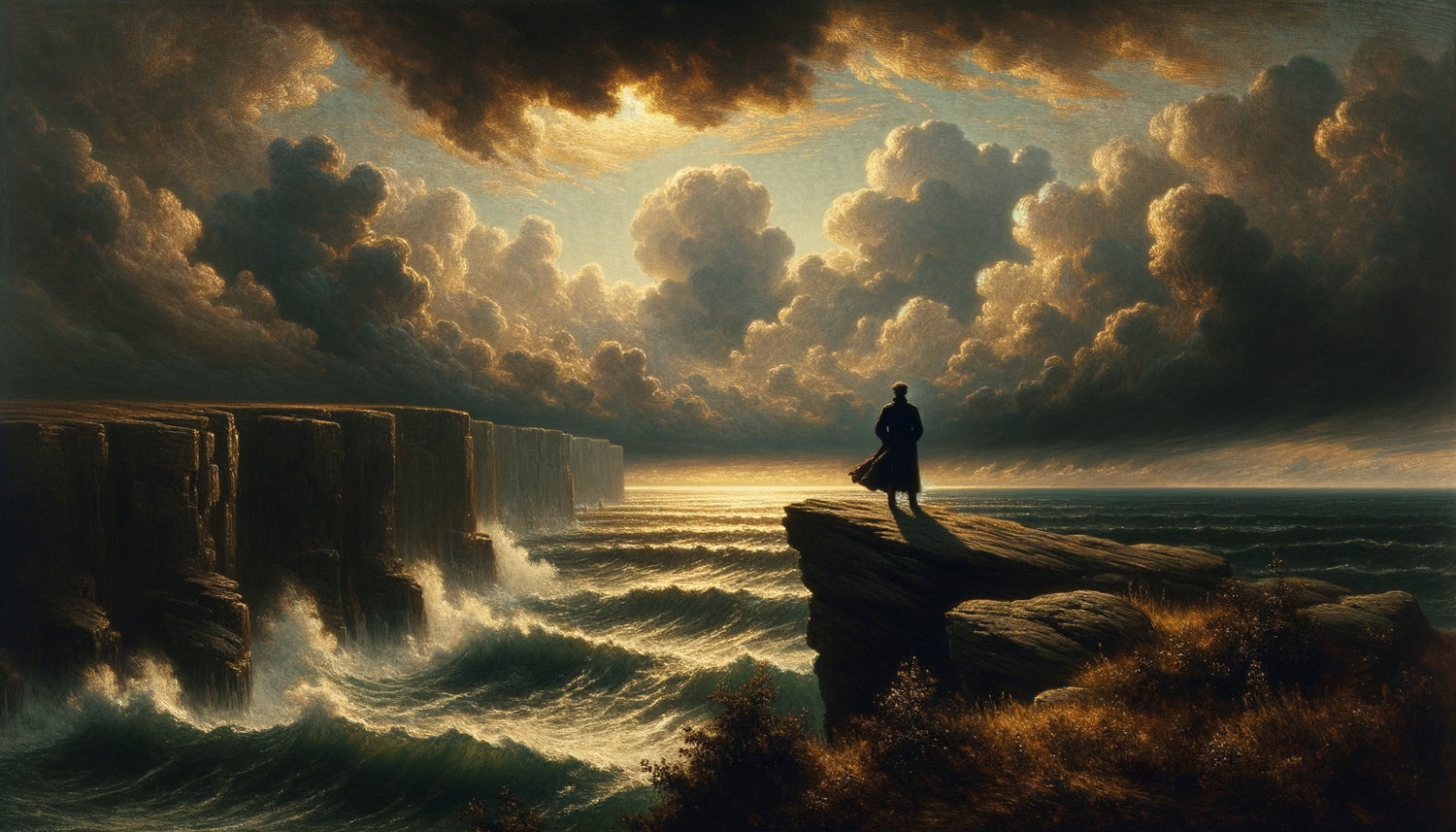 Peinture romantique style Friedrich : figure solitaire contemplant l'horizon marin infini depuis une falaise, atmosphère sublime du 19ème siècle