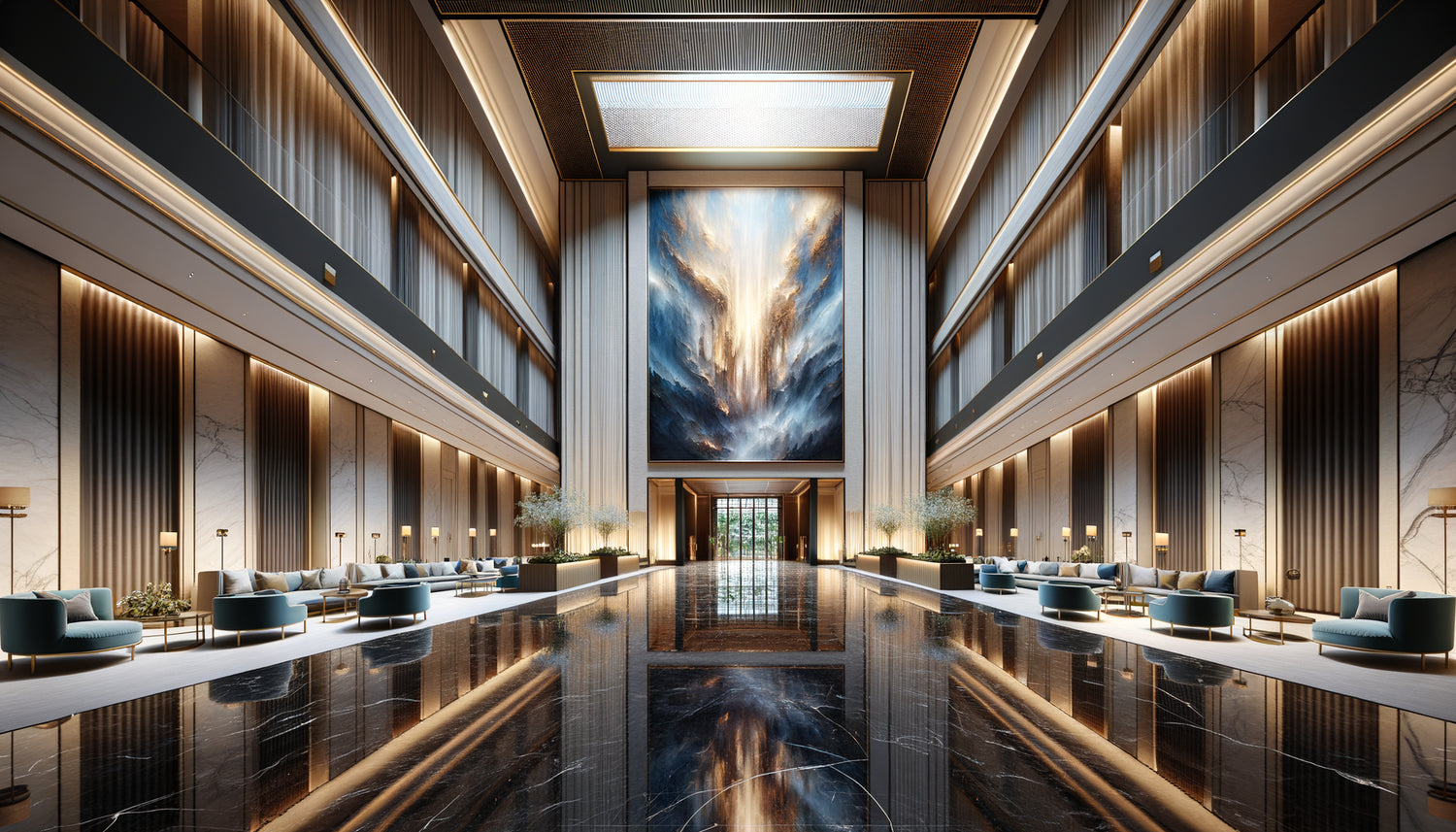 Hall de palace 5 étoiles contemporain avec tableau monumental couvrant tout le mur principal, créant un impact visuel dramatique