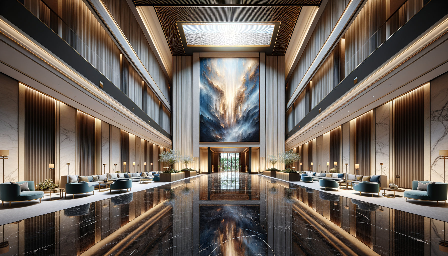 Hall de palace 5 étoiles contemporain avec tableau monumental couvrant tout le mur principal, créant un impact visuel dramatique