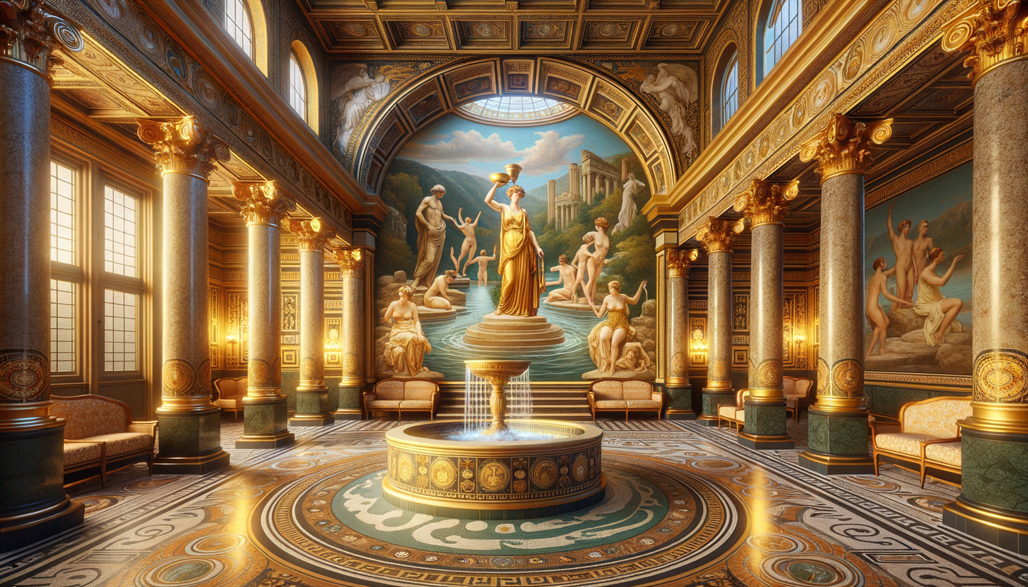 Fresque néoclassique dans un établissement thermal allemand du XIXe siècle représentant sources antiques et divinités mythologiques