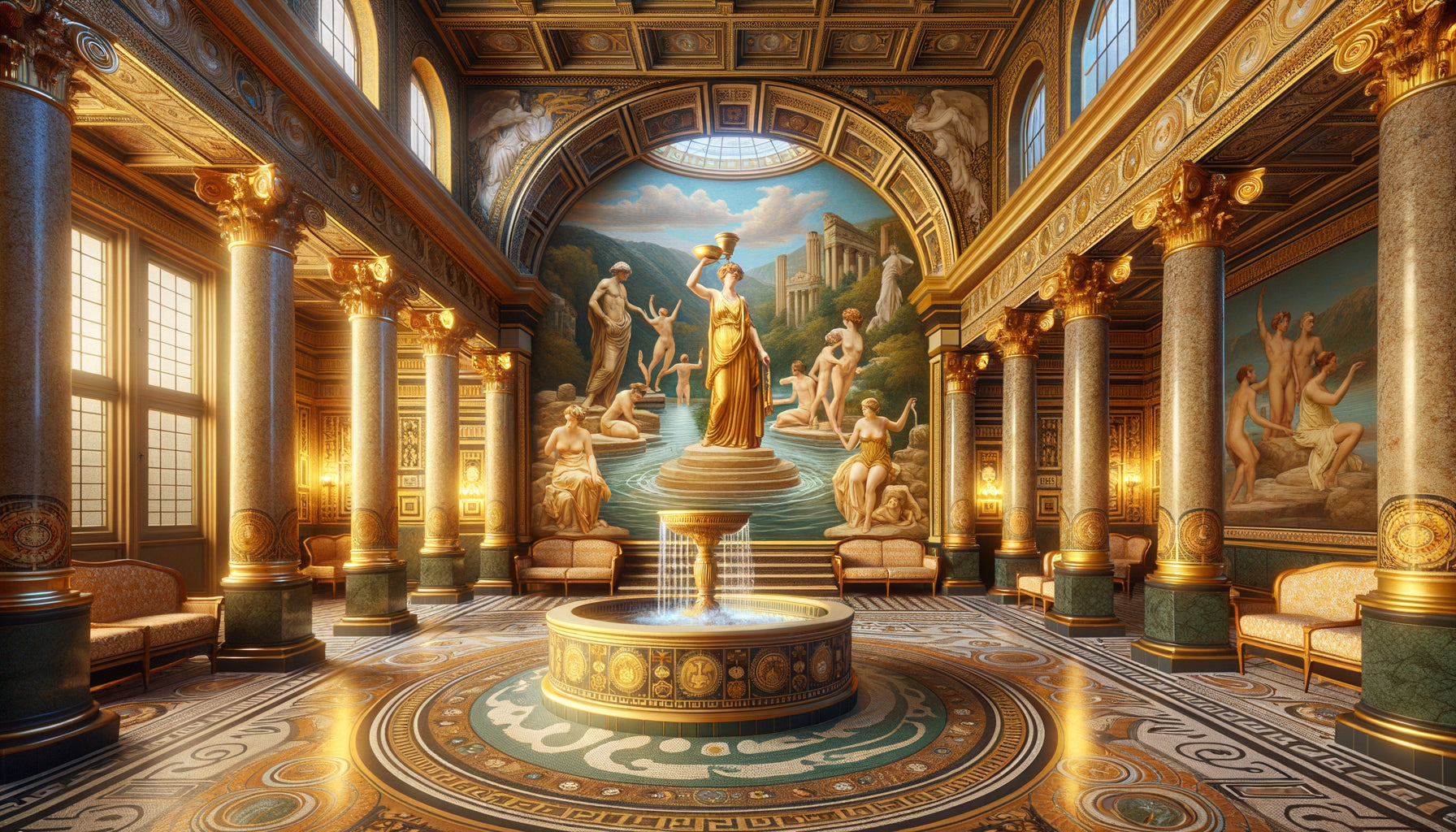 Fresque néoclassique dans un établissement thermal allemand du XIXe siècle représentant sources antiques et divinités mythologiques