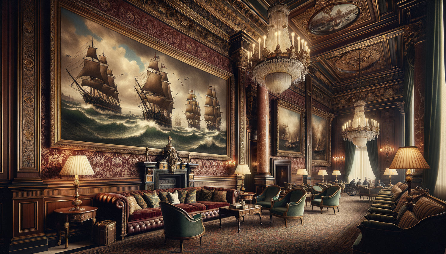 Intérieur d'hôtel victorien londonien années 1880 orné de marines encadrées, décoration impériale britannique authentique