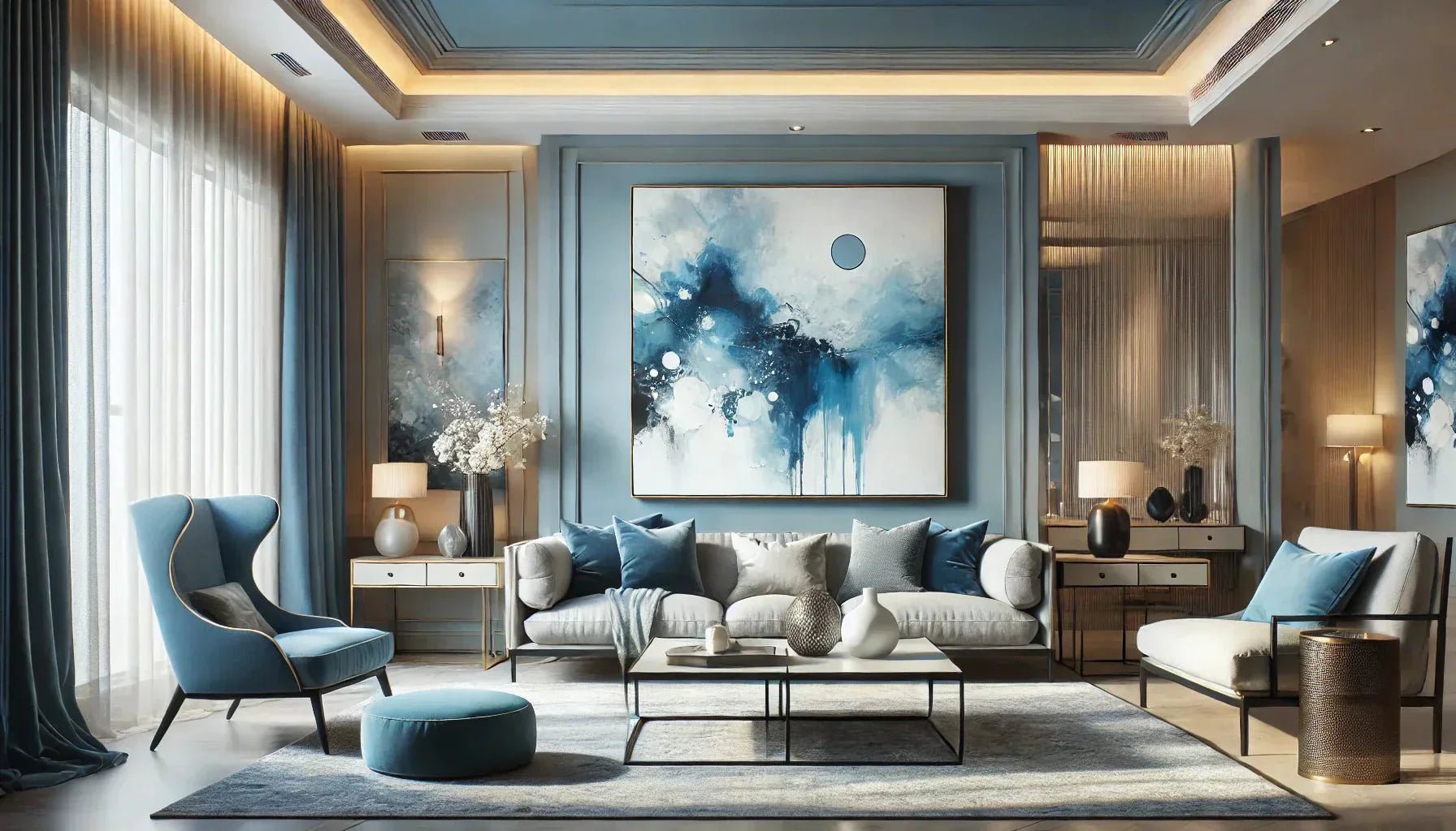 Illustration d’un intérieur moderne avec une décoration murale abstraite bleue, mettant en avant une impression sur toile abstraite dans des tons bleu cobalt et bleu saphir, associée à un éclairage doux et une harmonie des couleurs élégante.