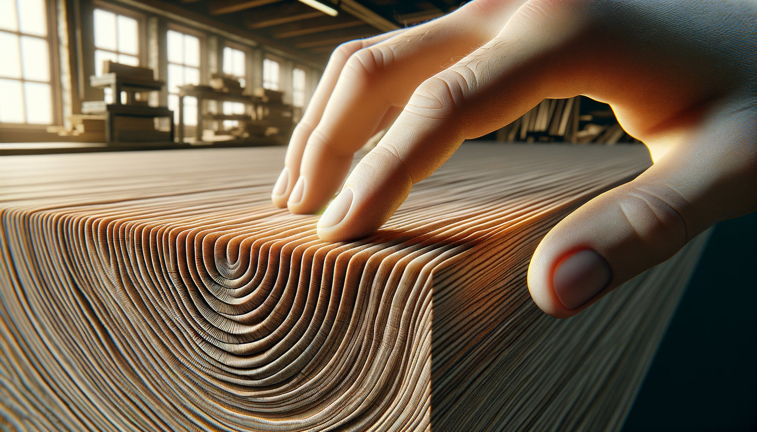 Gros plan sur chant de panneau bois montrant sens fibrage, inspection tactile et visuelle des veines