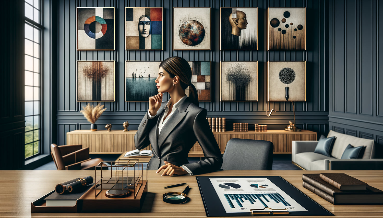 Consultant analysant des tendances artistiques contemporaines dans un cabinet d'avocat haut de gamme pour investissement long terme