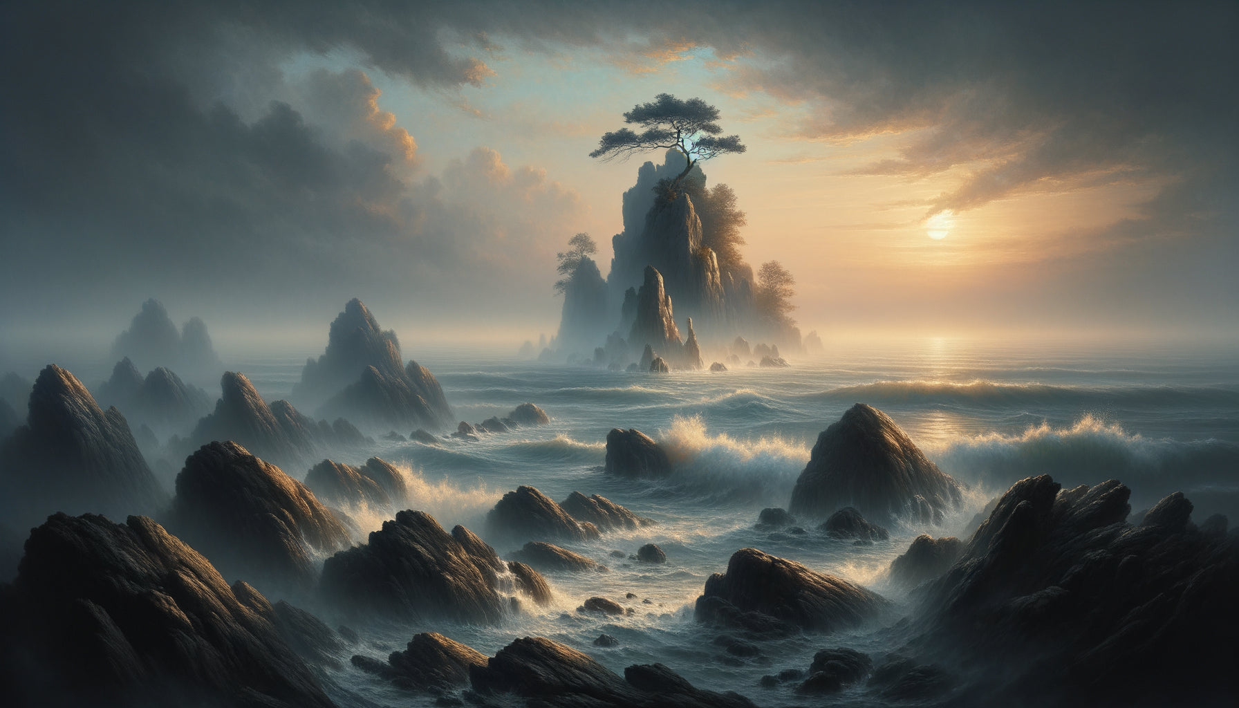 Peinture à l'huile d'une île solitaire émergeant des brumes marines, tradition romantique, atmosphère contemplative et spirituelle