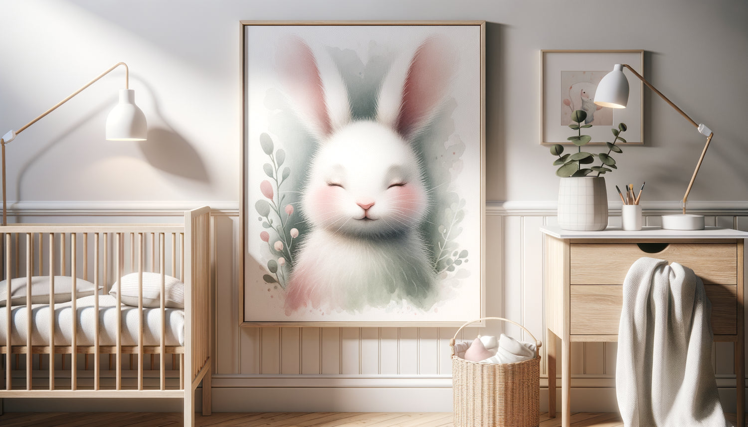 Illustration aquarelle murale aux contours flous et couleurs translucides dans une chambre de bébé apaisante