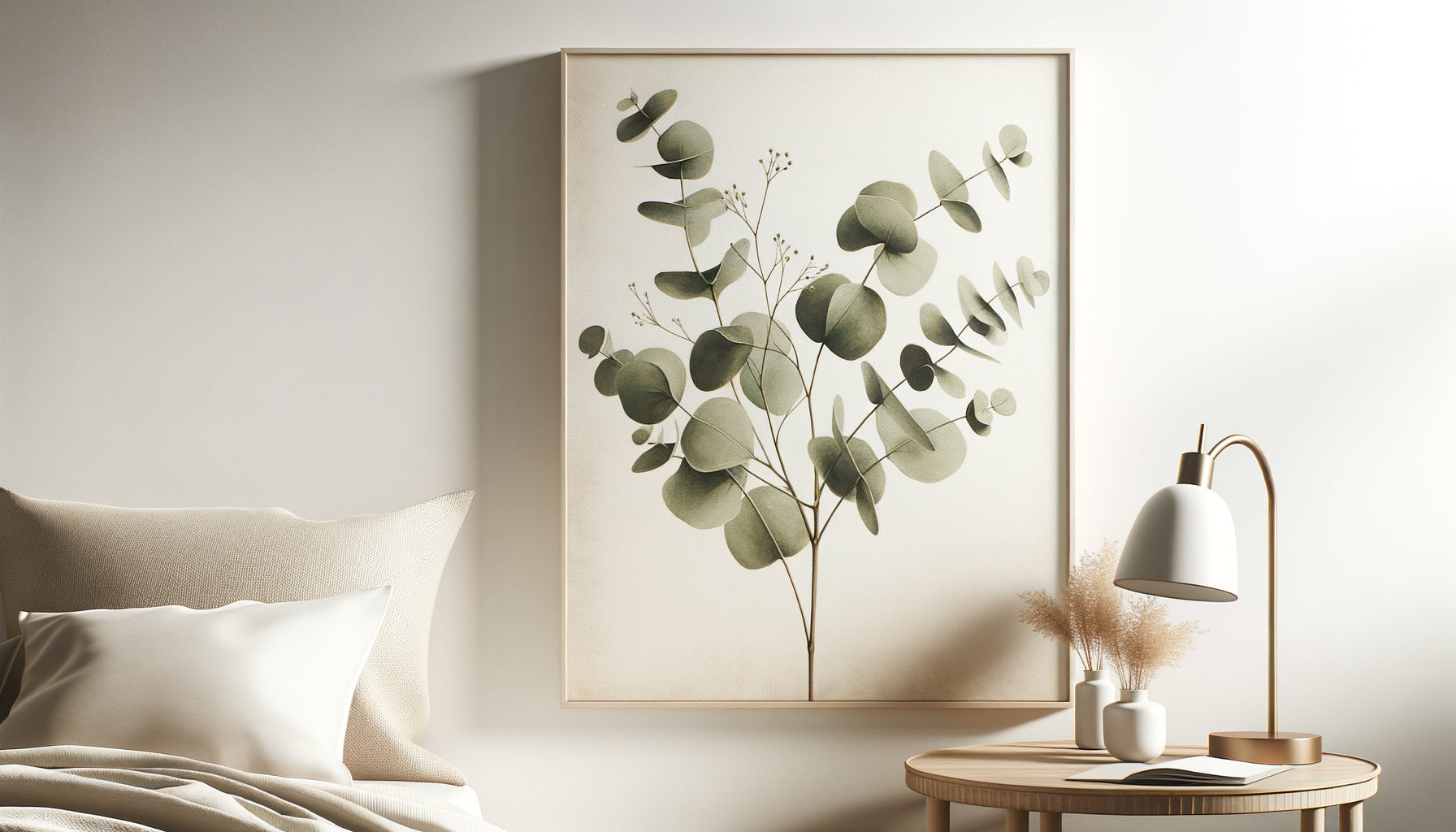 Illustration botanique minimaliste d'eucalyptus en tons neutres, style épuré contemporain pour chambre nature