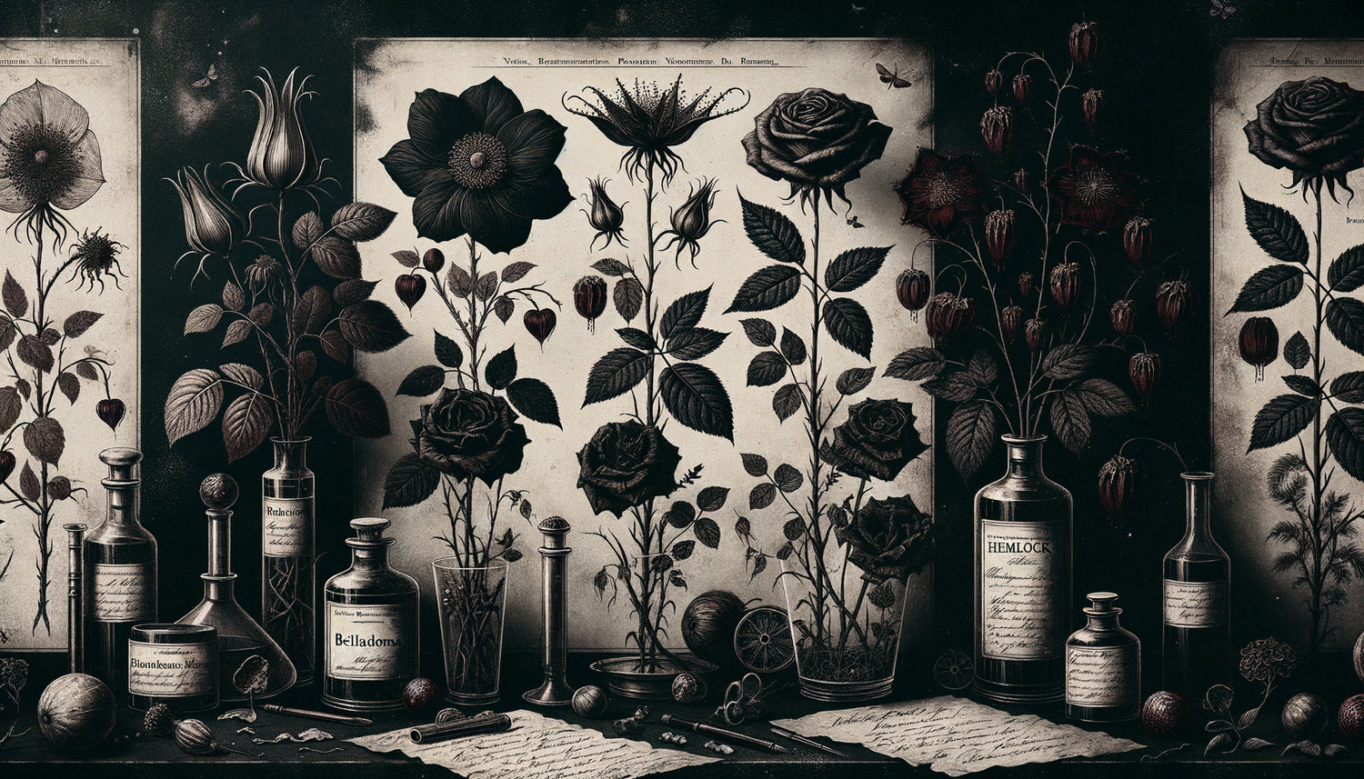Illustration botanique ancienne style herbier victorien avec plantes toxiques sur fond noir, esthétique gothique raffinée et mystérieuse