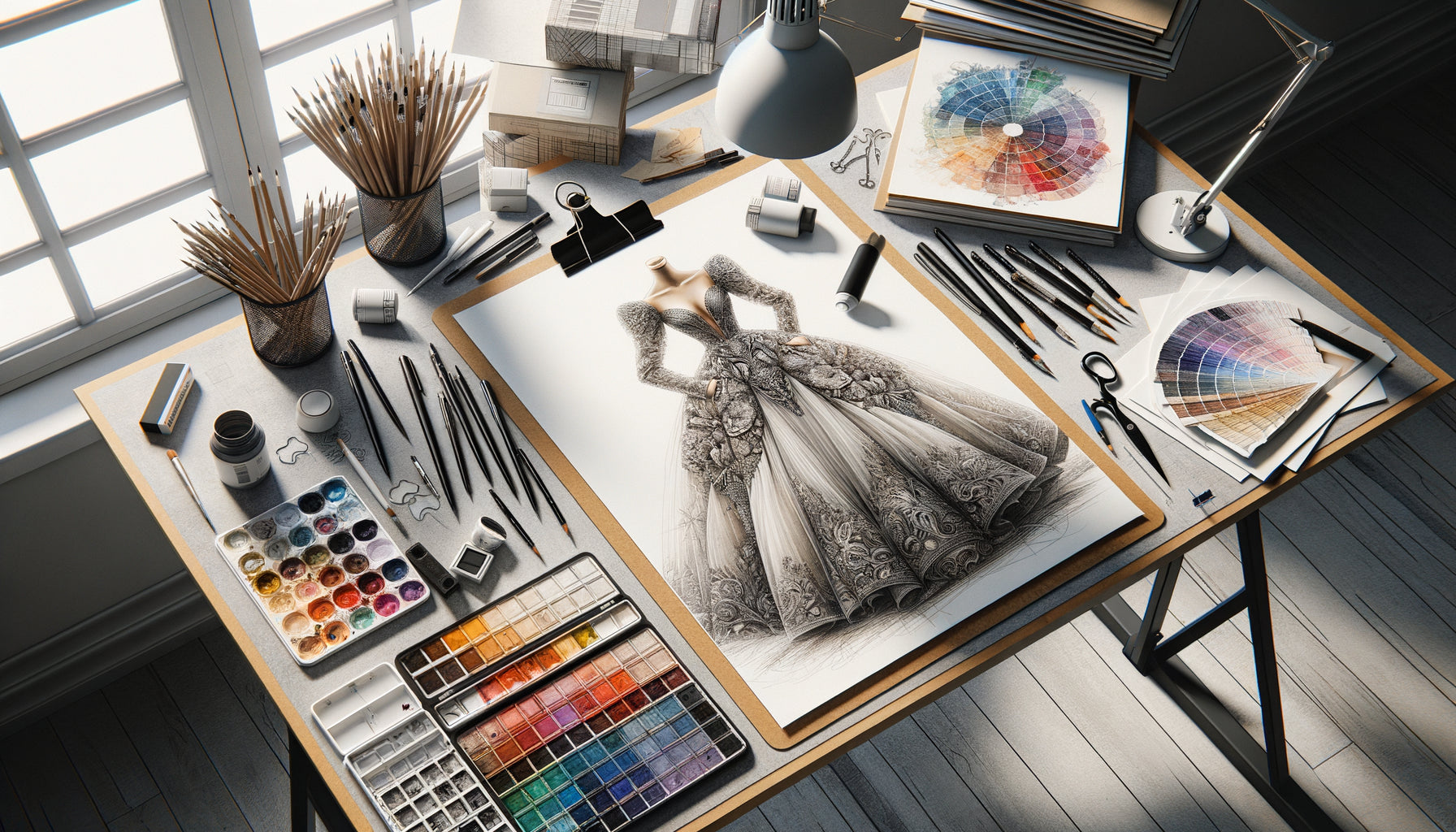 Illustration de mode contemporaine en cours de création sur table d'artiste, techniques aquarelle et encre, atelier d'illustrateur émergent 2020s