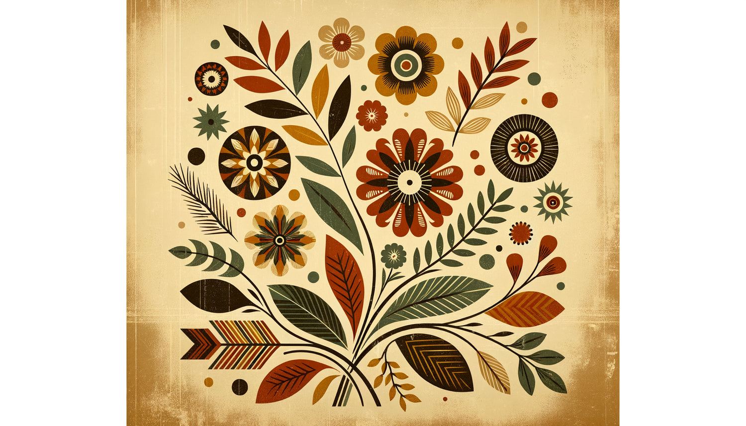 Illustration botanique vintage années 1960 aux tons chauds rétro, style artisanal mi-siècle avec texture papier vieillie