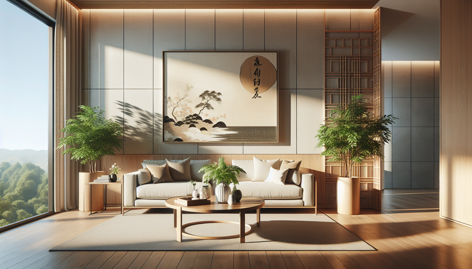 Intérieur contemporain avec tableau décoratif — ambiance Tableau Japandi