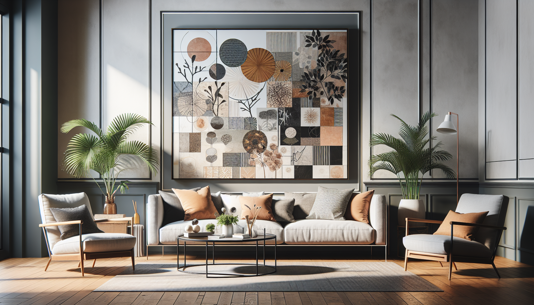 Intérieur contemporain avec tableau décoratif — ambiance Tableau Collage