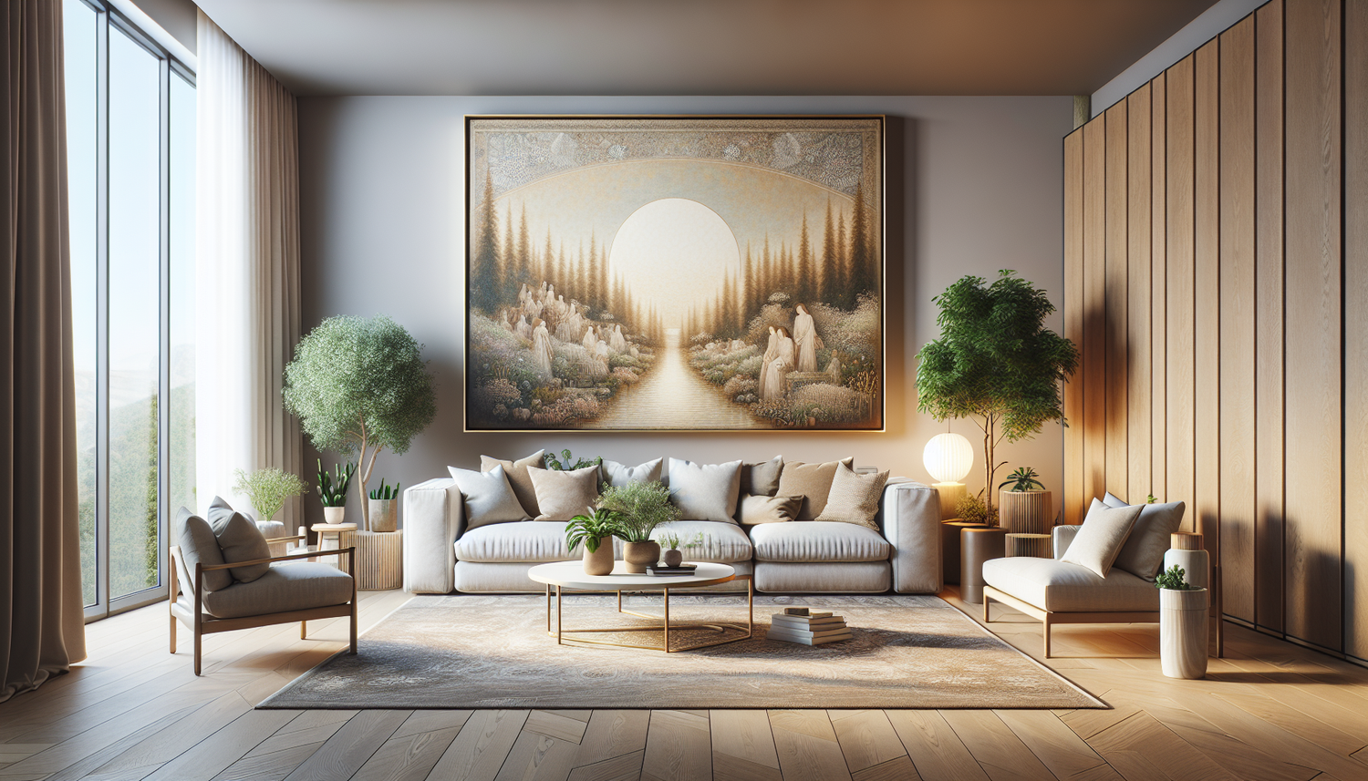 Intérieur contemporain avec tableau décoratif — ambiance Tableau Pointillisme