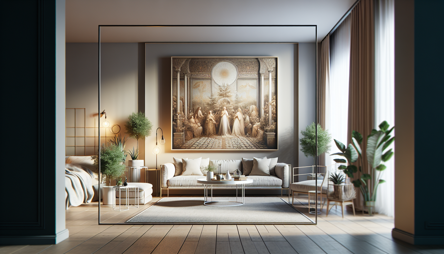 Intérieur contemporain avec tableau décoratif — ambiance Tableau Noël