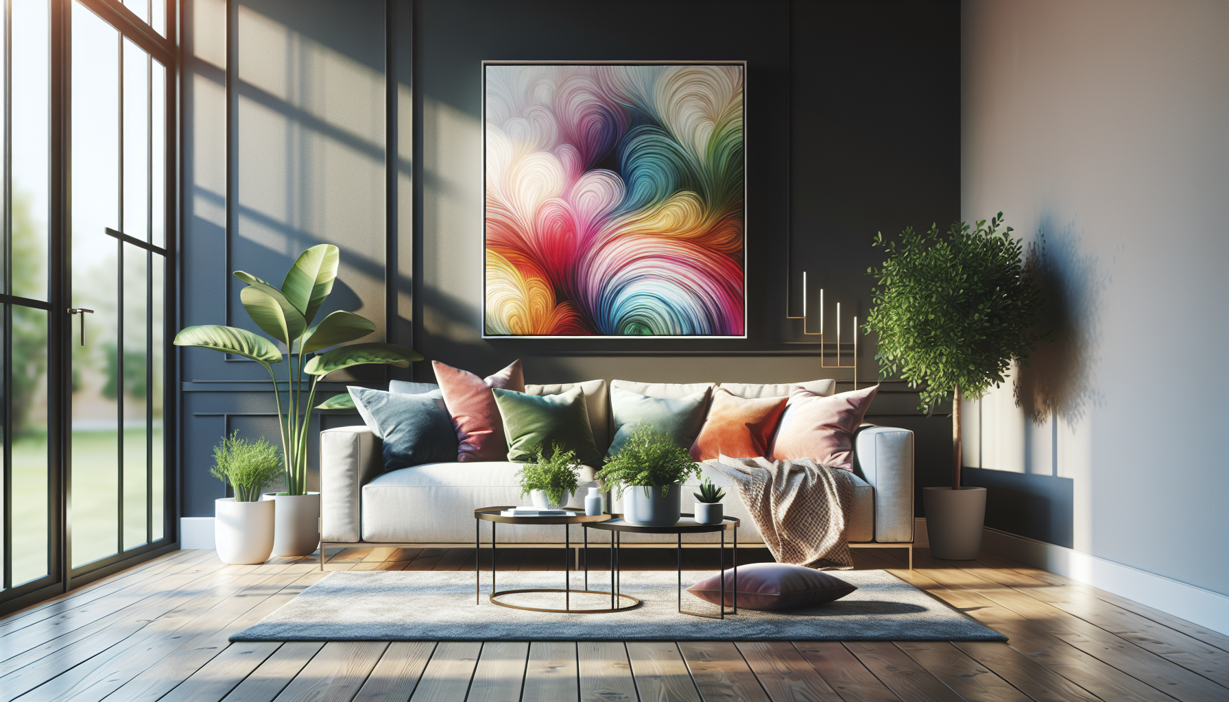 Intérieur contemporain avec tableau décoratif — ambiance Tableaux arc en ciel