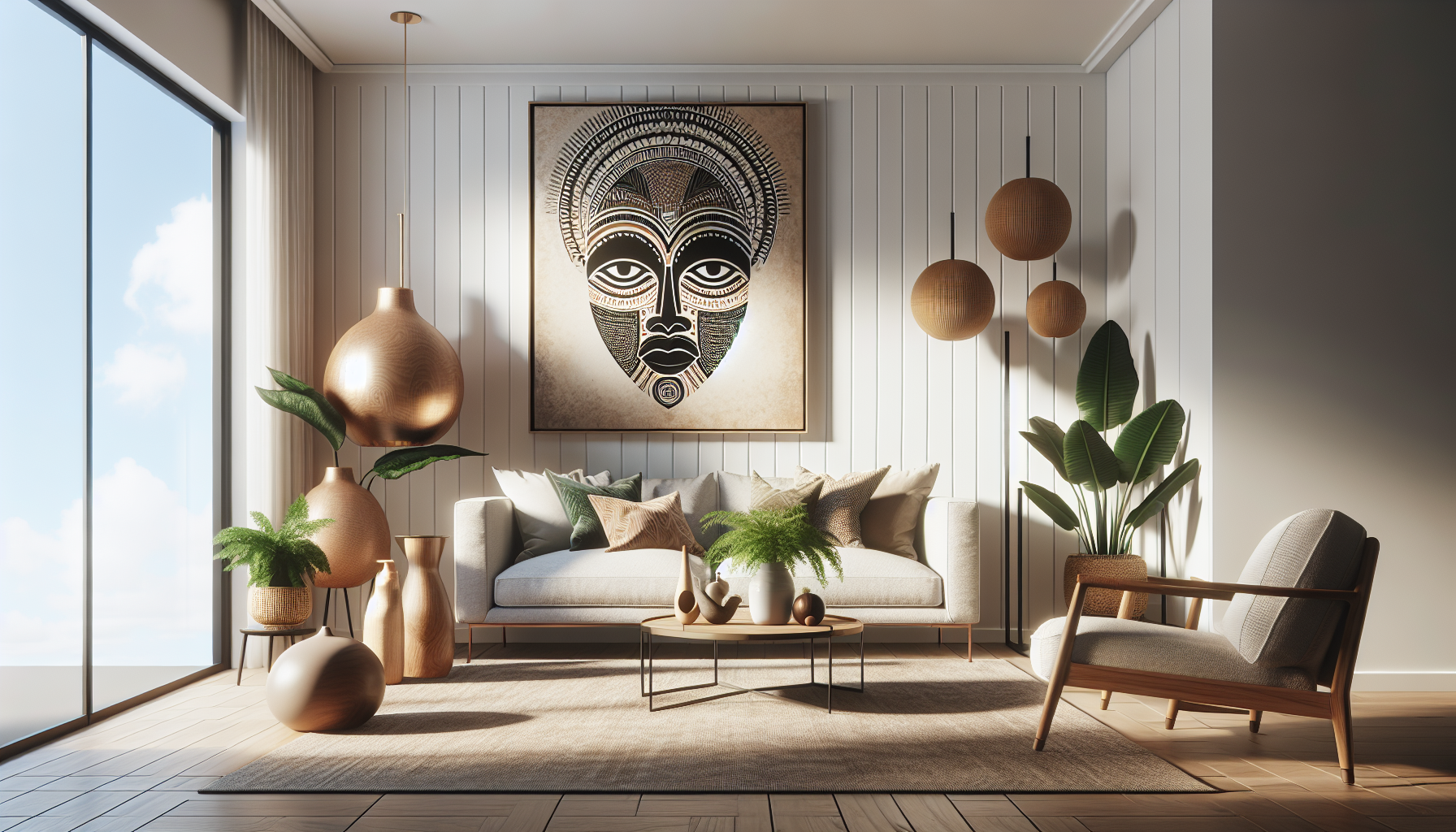 Intérieur contemporain avec tableau décoratif — ambiance Tableau Visage africain