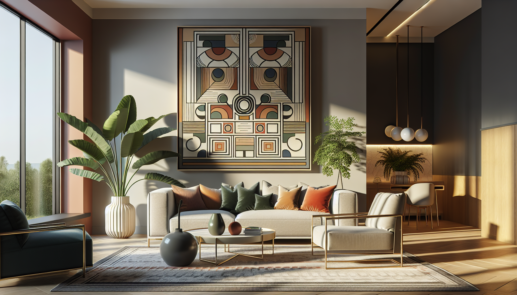 Intérieur contemporain avec tableau décoratif — ambiance Tableaux Baleine