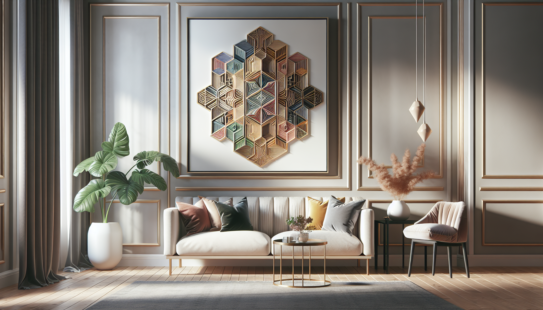 Intérieur contemporain avec tableau décoratif — ambiance Tableaux Géométrique