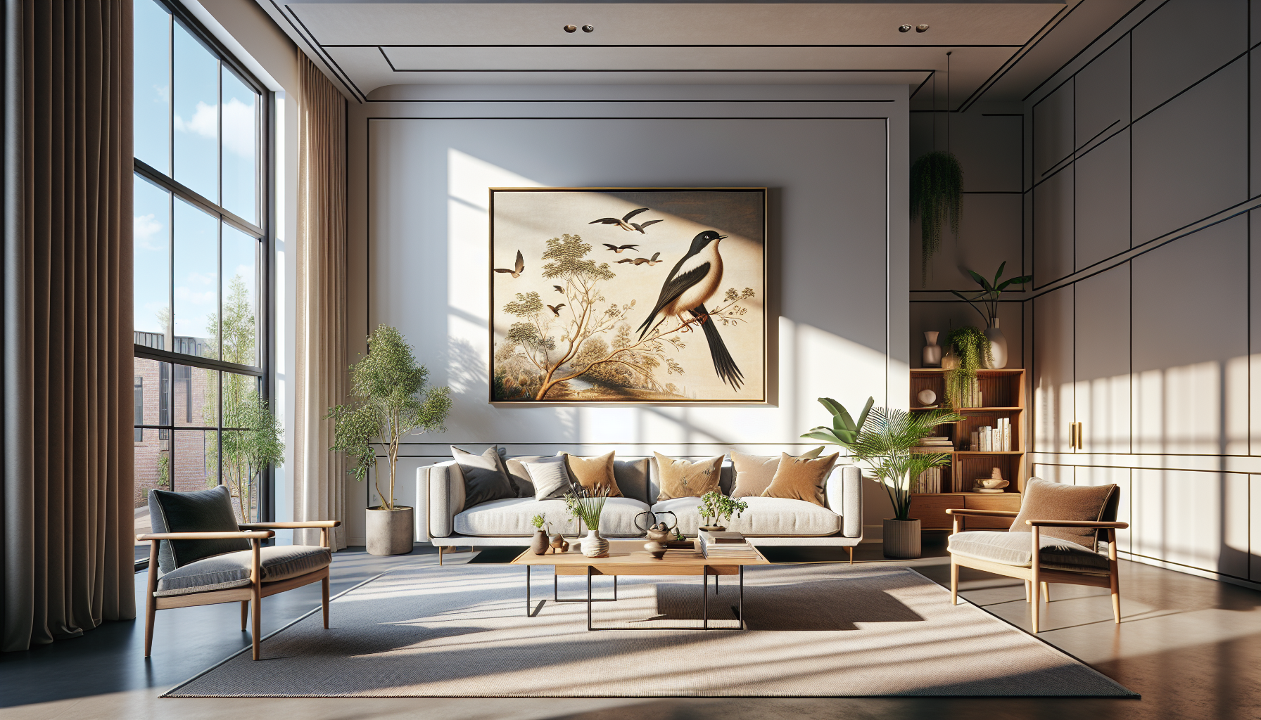 Intérieur contemporain avec tableau décoratif — ambiance Tableaux Oiseaux