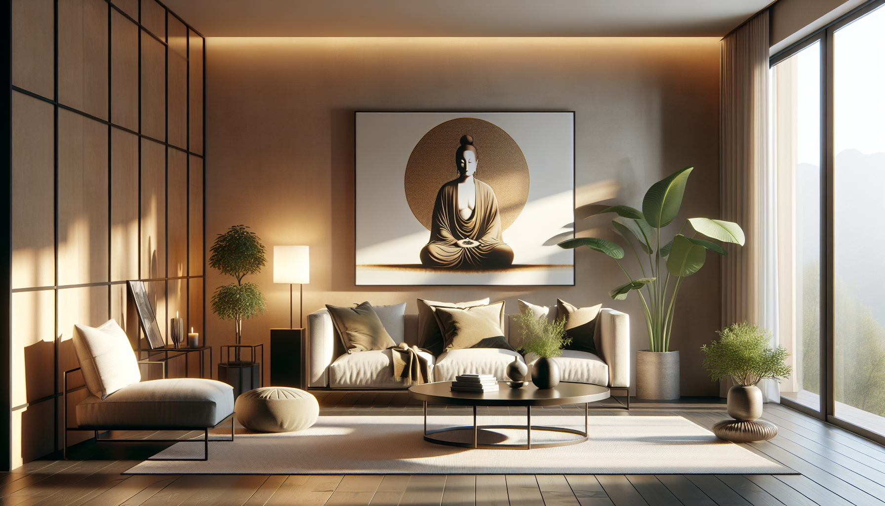 Intérieur contemporain avec tableau décoratif — ambiance Divers Zen