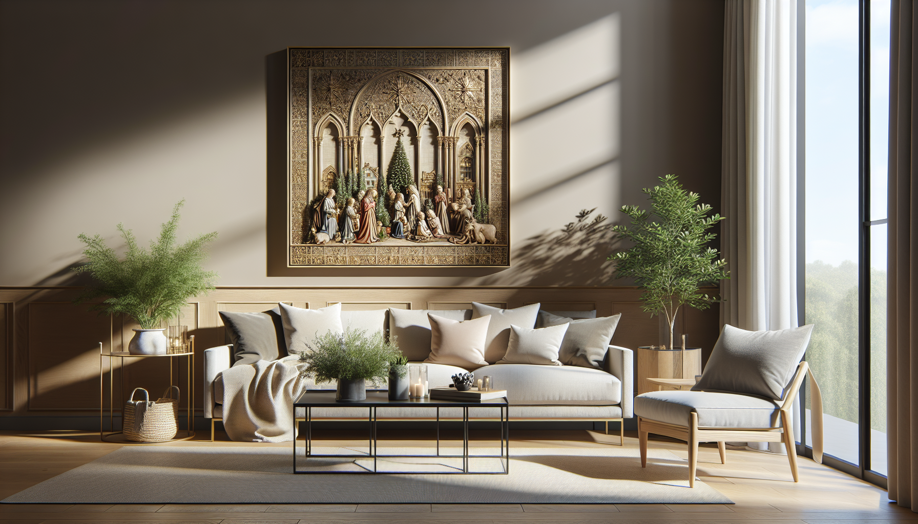 Intérieur contemporain avec tableau décoratif — ambiance Tableau Noël