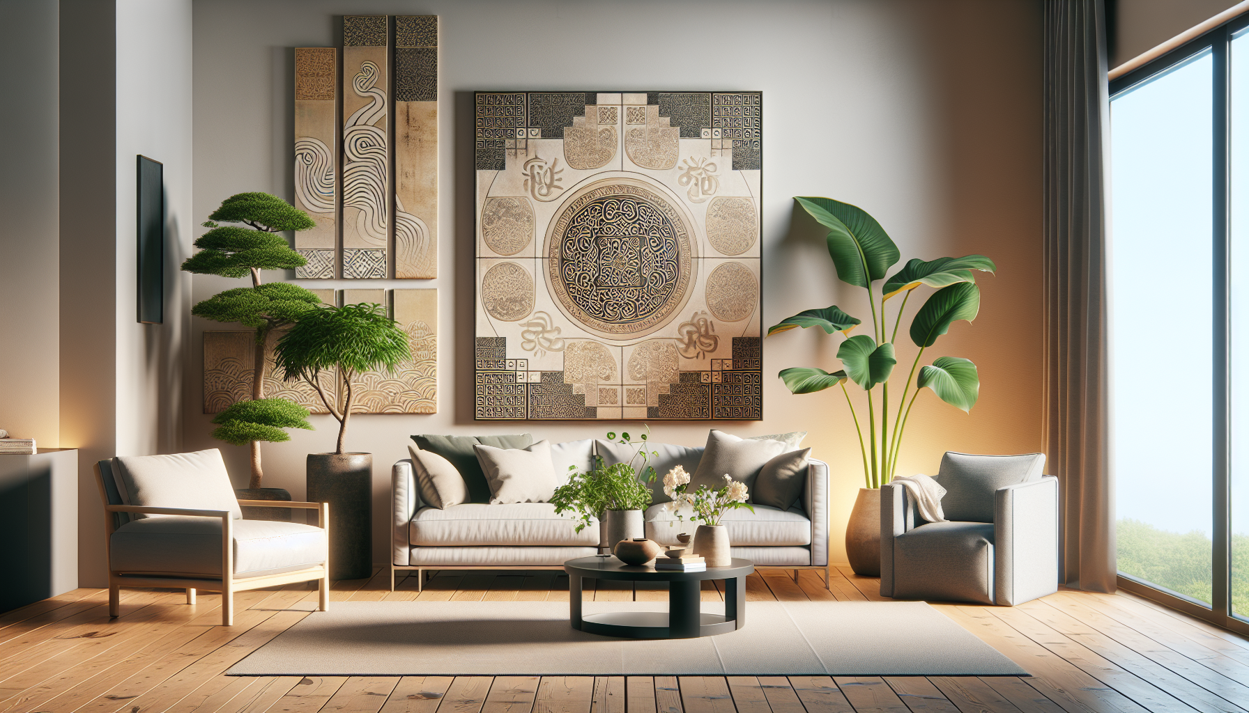 Intérieur contemporain avec tableau décoratif — ambiance Tableaux Bouddha