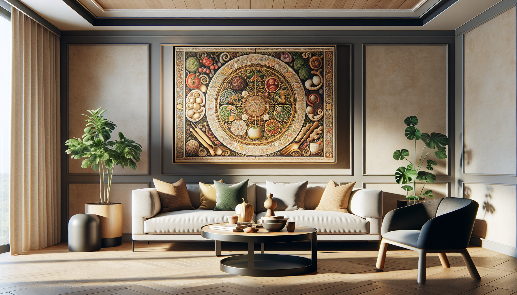Intérieur contemporain avec tableau décoratif — ambiance Art & Cuisine