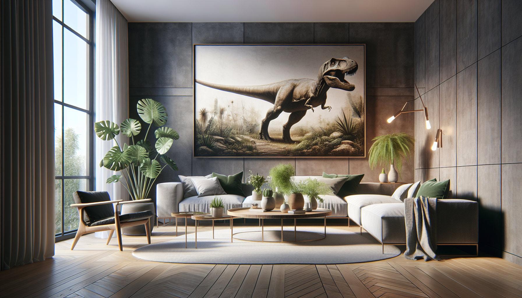 Intérieur contemporain avec tableau décoratif — ambiance Tableau Dinosaure