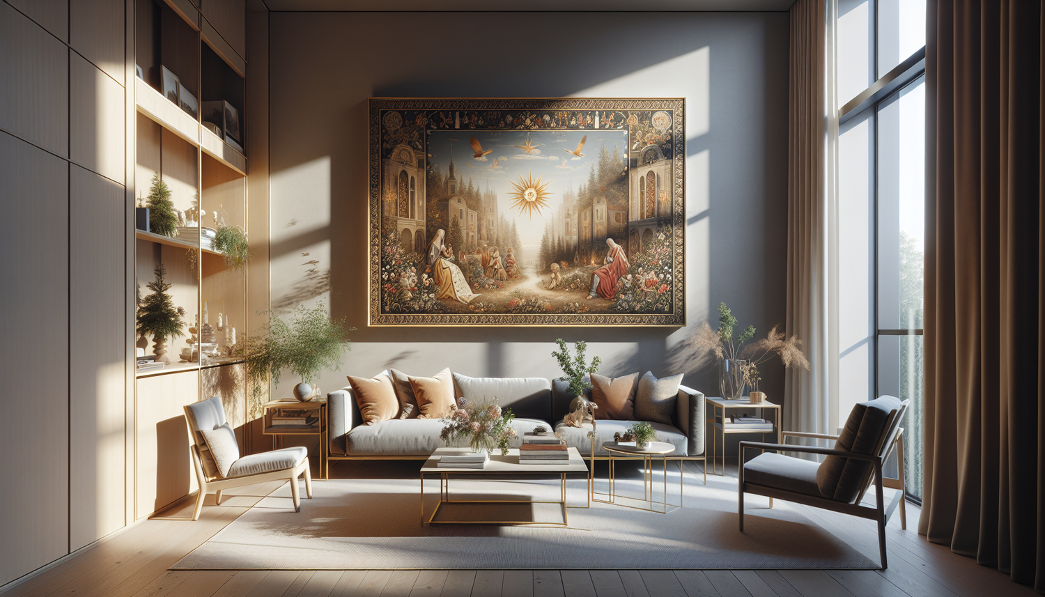 Intérieur contemporain avec tableau décoratif — ambiance Tableau Noël