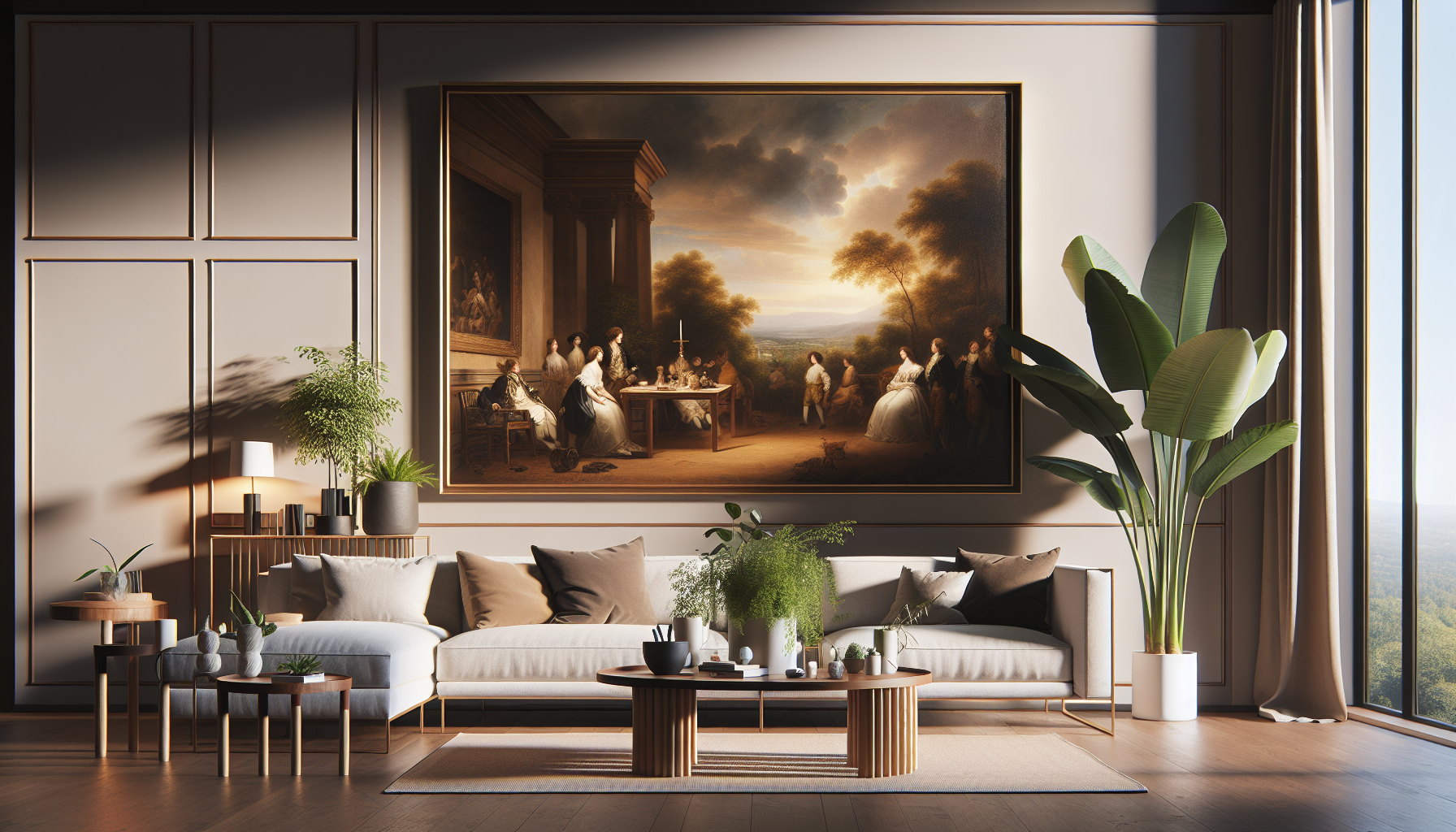 Intérieur contemporain avec tableau décoratif — ambiance Tableau Noël