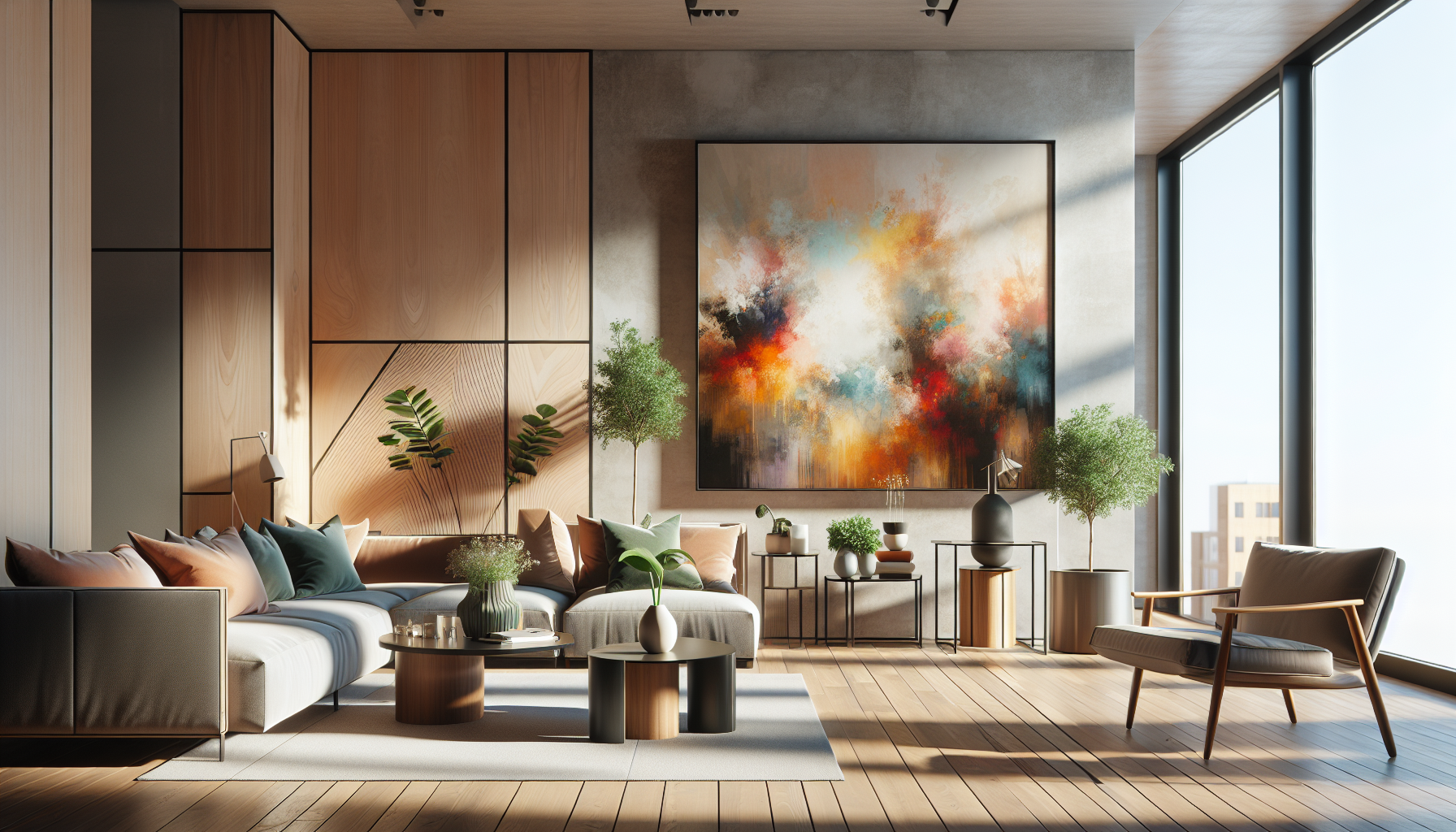 Intérieur contemporain avec tableau décoratif — ambiance Tableaux Singe