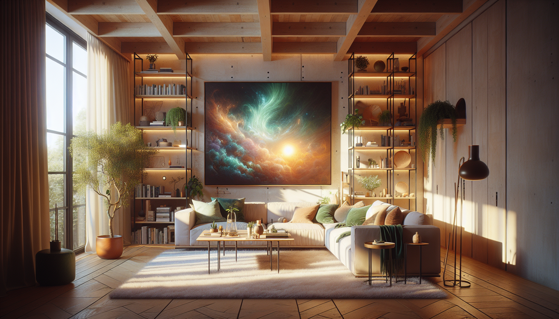 Intérieur contemporain avec tableau décoratif — ambiance Tableau Aurore boréale