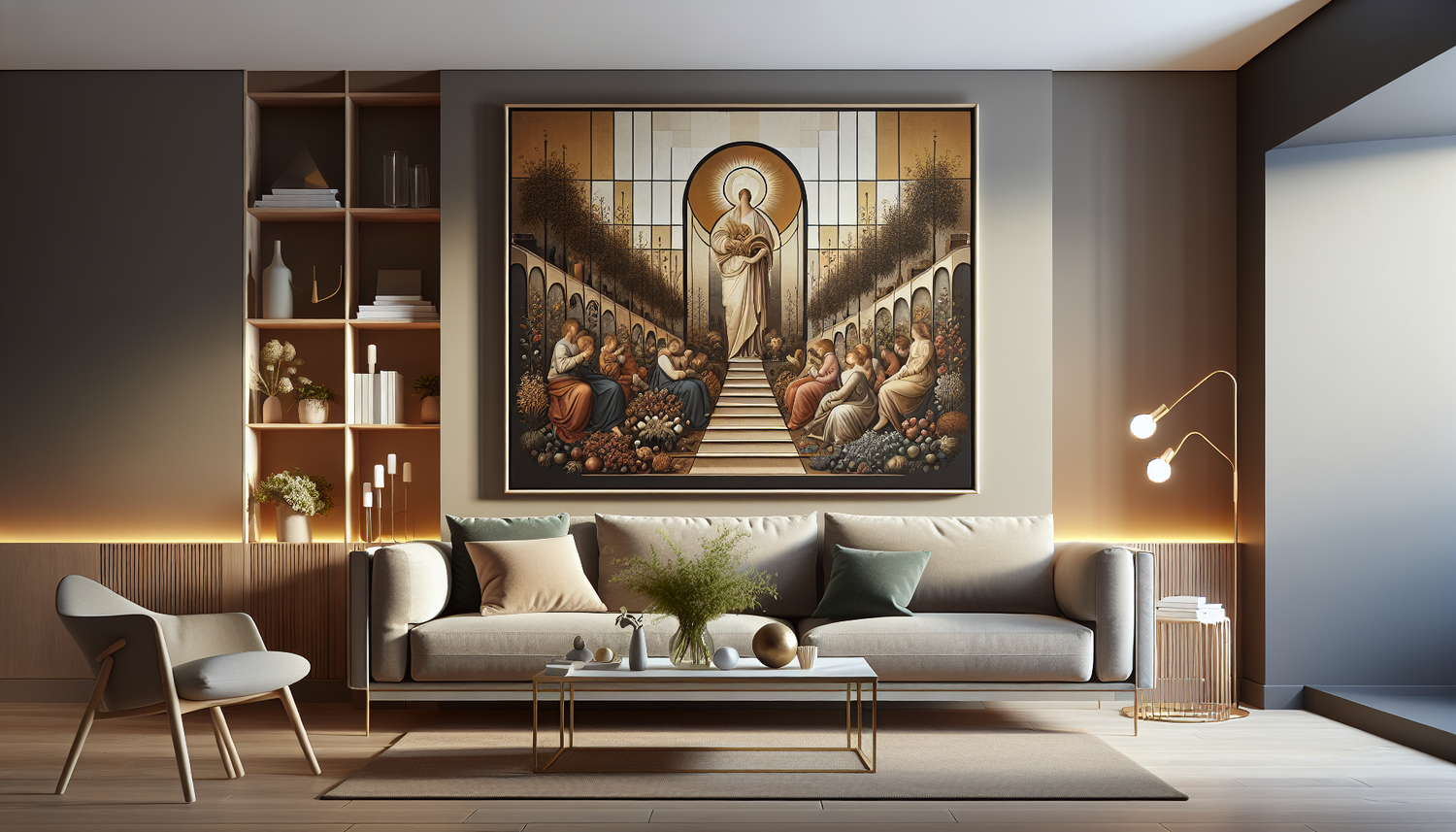 Intérieur contemporain avec tableau décoratif — ambiance Tableau Noël