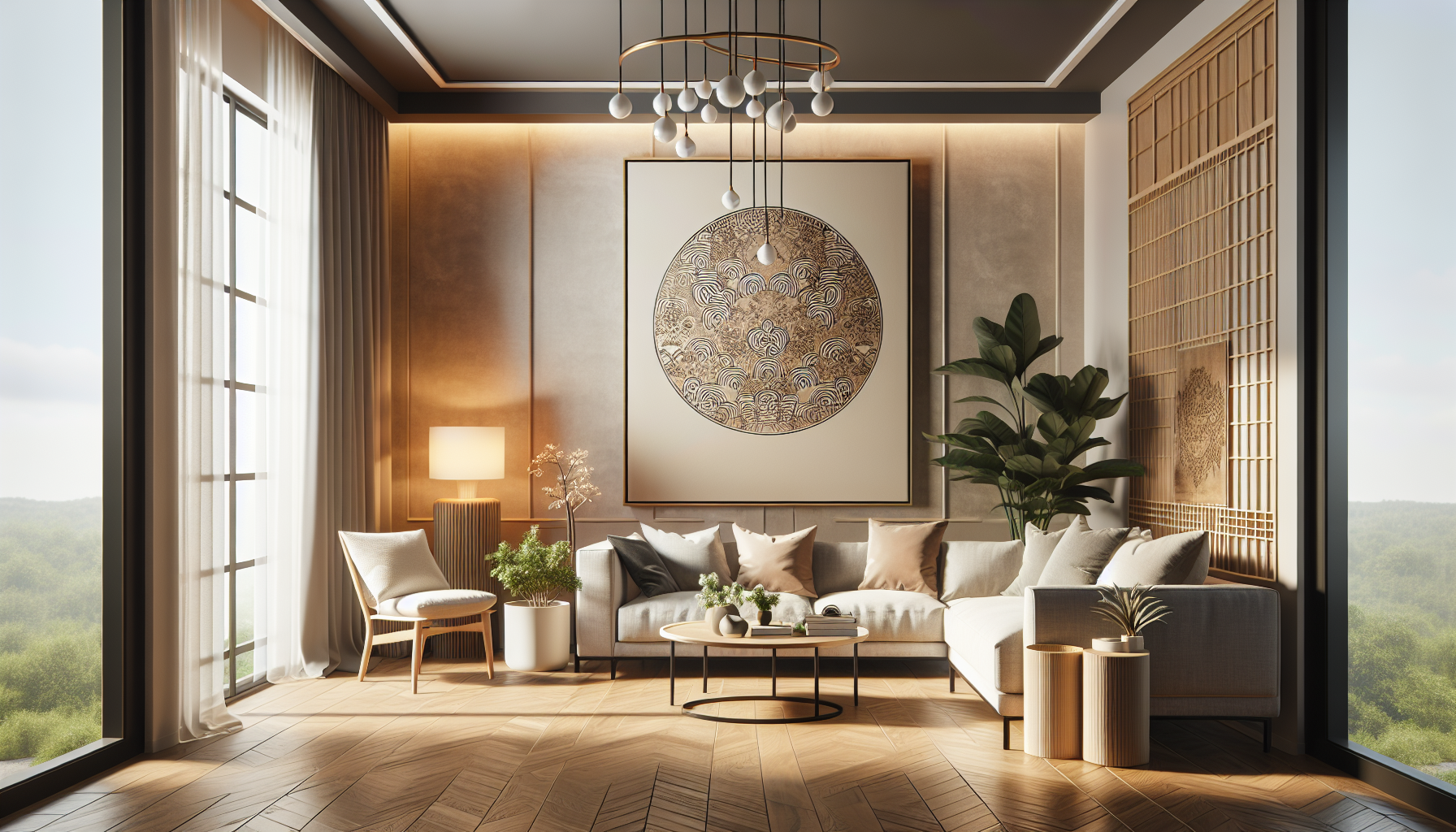 Intérieur contemporain avec tableau décoratif — ambiance Divers Zen