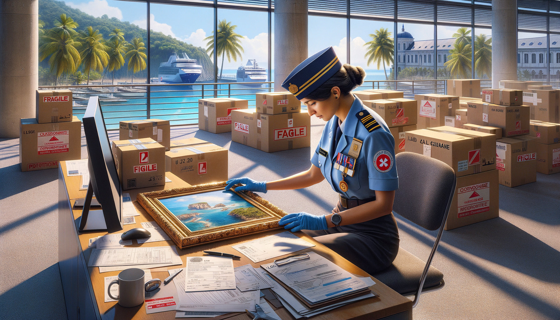 Agent des douanes examinant des tableaux encadrés lors d'un contrôle douanier à La Réunion avec documents administratifs