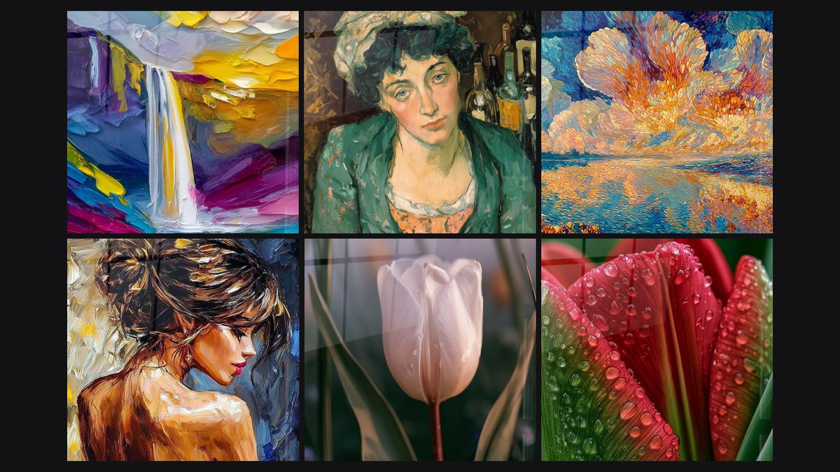 Mosaïque de six tableaux, dont Cascade impressionniste, Femme Solitude Bohème et Paysage Marin Émotion Impressionniste