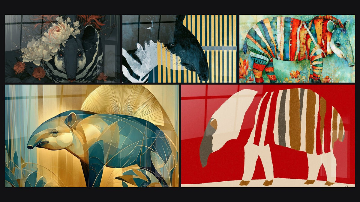 Mosaic of five paintings, including Black Tapir with White Peonies and Cream and Red Striped Tapir