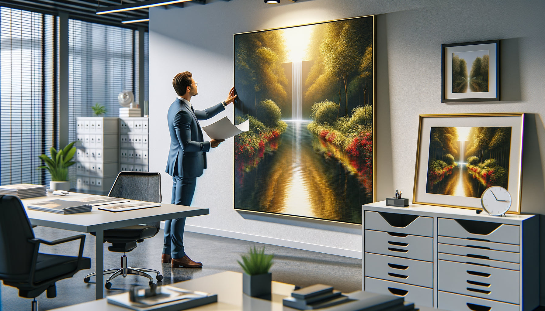 Impression numérique haut de gamme comparée à une œuvre originale dans un espace professionnel contemporain