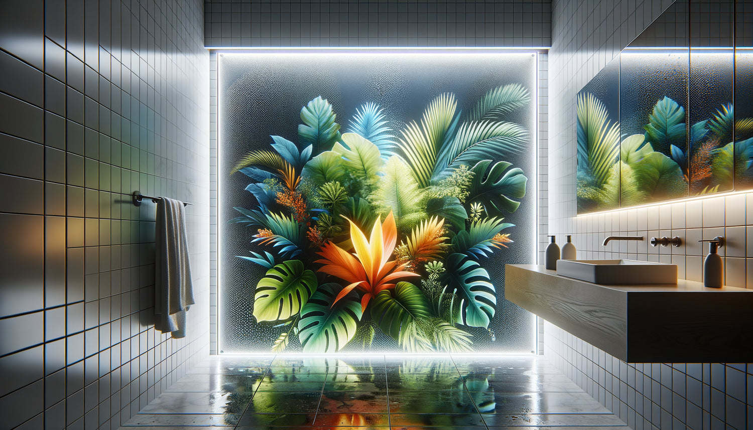 Panneau plexiglas imprimé avec motif tropical installé dans salle de bain moderne contemporaine