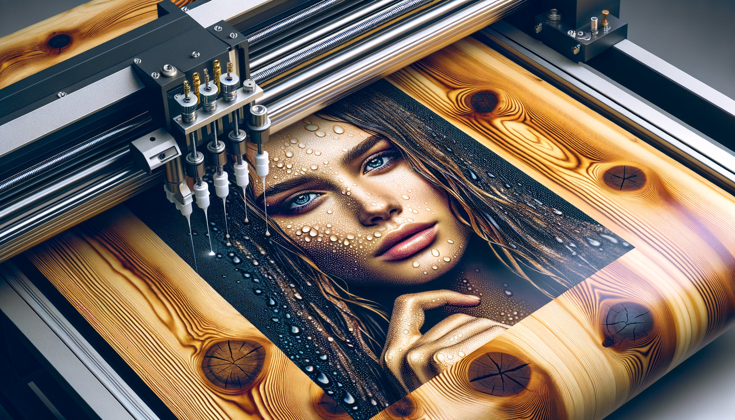 Gros plan macro d'une impression UV directe haute qualité sur bois montrant détails techniques et texture naturelle du support