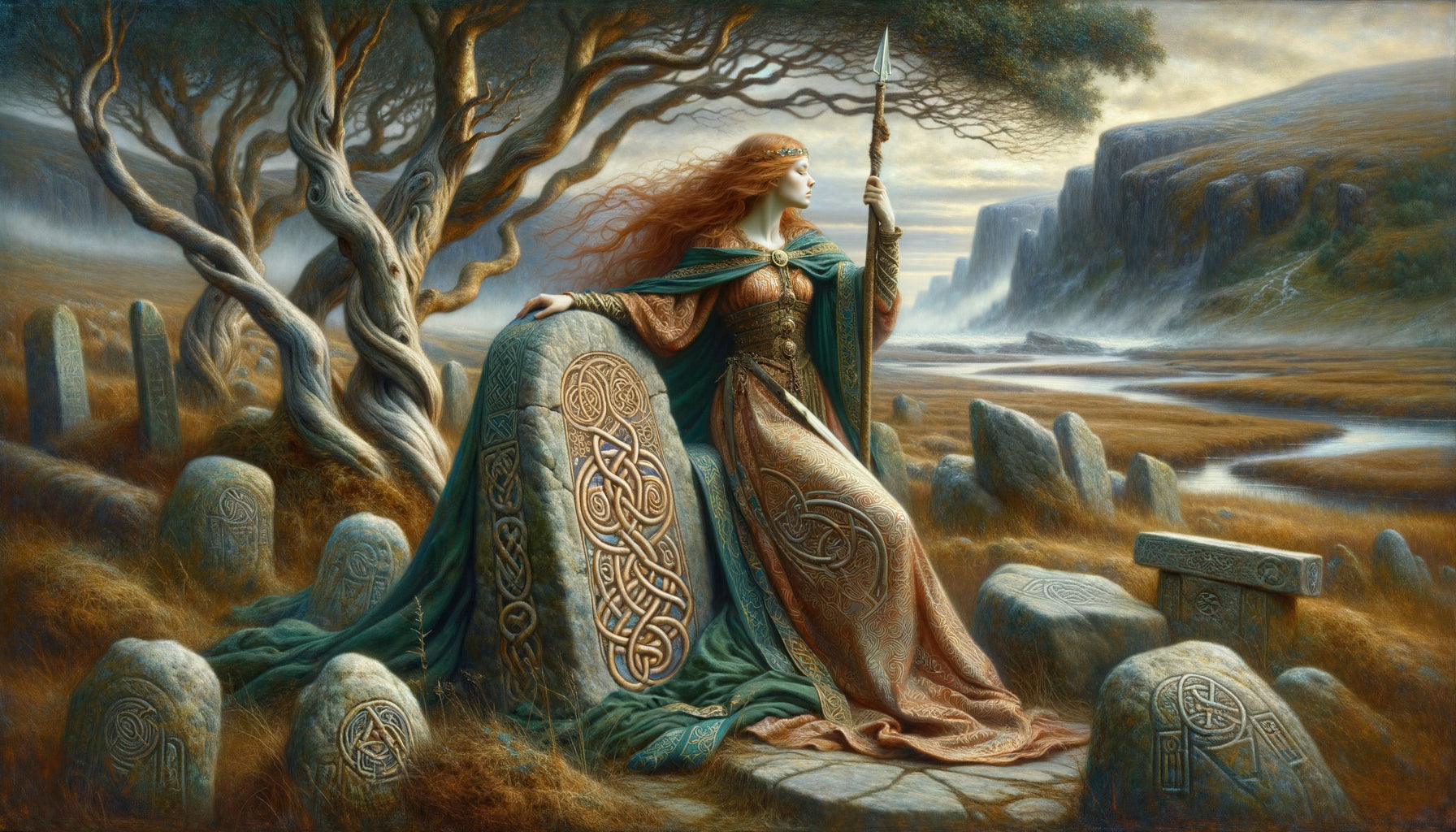 Peinture préraphaélite représentant une Valkyrie nordique dans un paysage mythologique scandinave, style 1860-1880, fusion esthétique victorienne et mythologie des Eddas