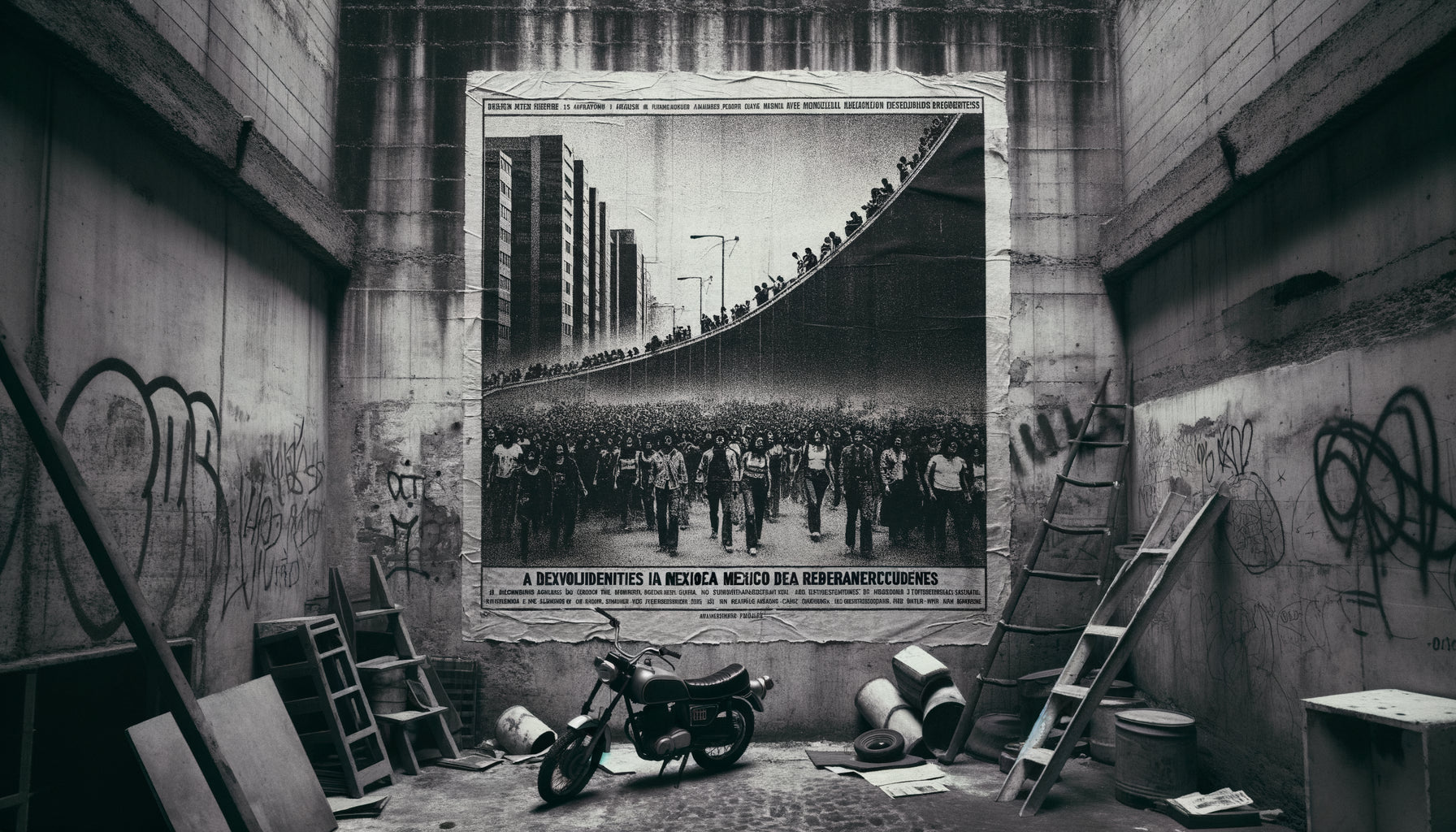 Photographie monochrome brute années 70 dans l'esthétique radicale du mouvement Infrarrealismo mexicain, grain intense et contraste brutal