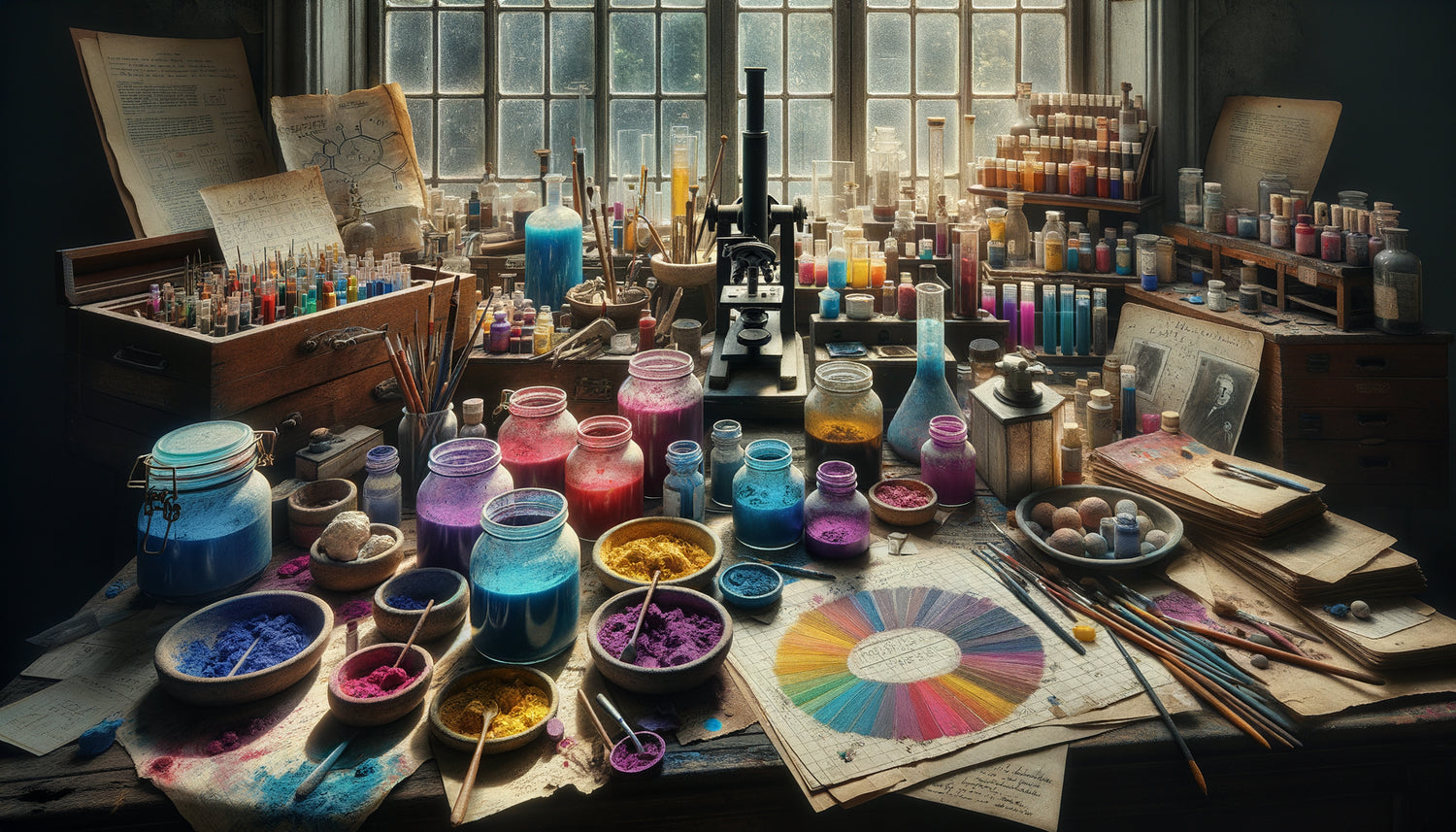 Atelier de création de pigments artisanaux années 1960-70, innovation colorée durant embargos commerciaux Guerre froide