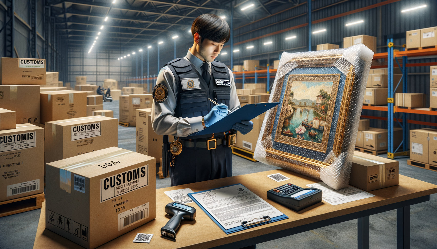 Agent des douanes inspectant des tableaux décoratifs emballés lors d'une importation vers les territoires d'Outre-mer français