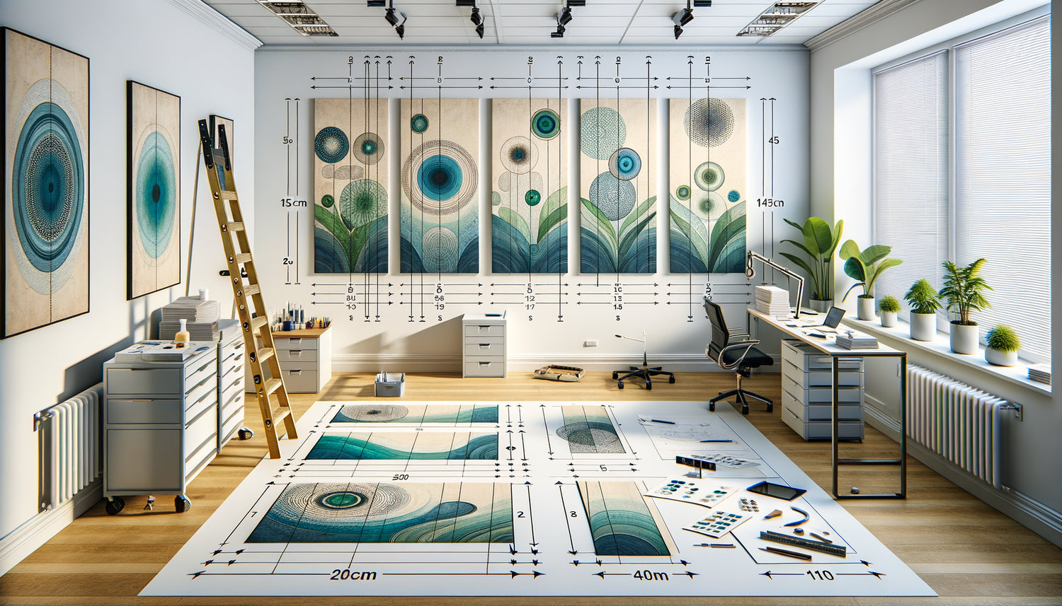 Processus d'installation méthodique de tableaux en composition murale avec gabarits et mesures dans un cabinet professionnel